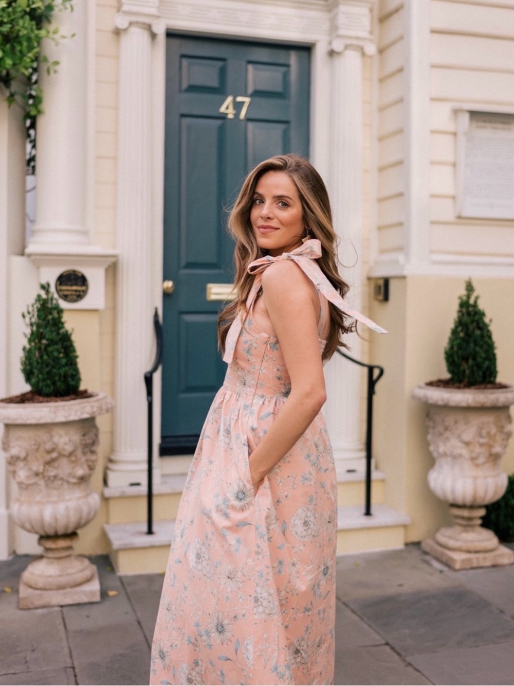 Anthropologie Peach Floral Tie-Shoulder Maxi Dress